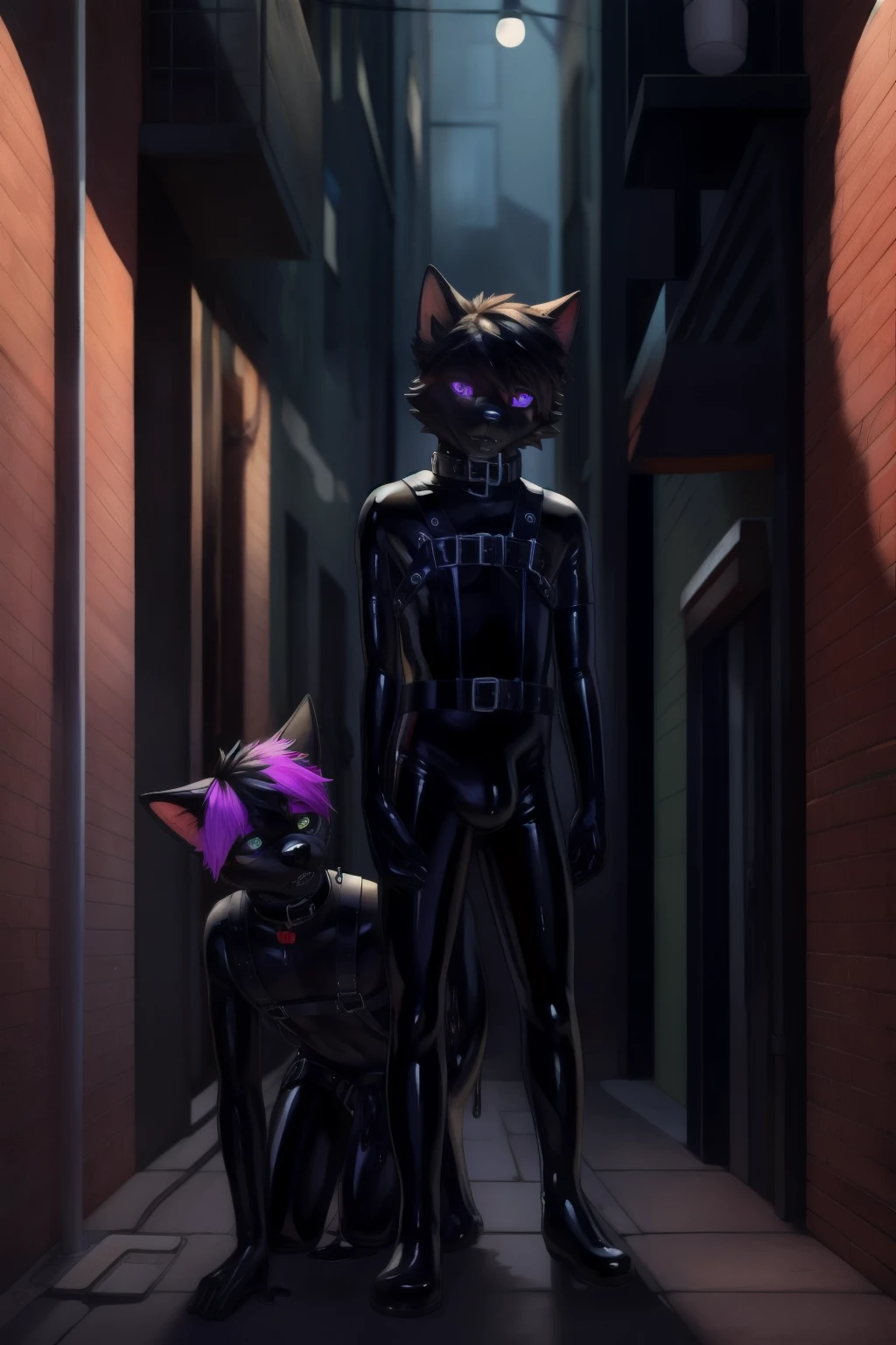 Slimy black latex dog teenage boy wearing harness and collar dripping with black slime with hypnotic eyes cornering a normal nervous cat boy in the alleyway