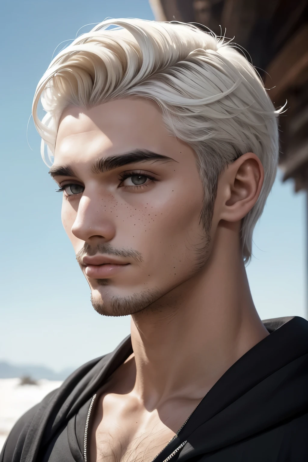Um jovem ilusionista masculino. fantasy setting. cabelo muito curto. cabelo curto. Cabelo castanho escuro com corte inferior. Very pale skin with freckles and liver spots. Rosto redondo e macio. Queixo redondo e macio. Bochechas redondas e macias. Curved lips. Nariz longo e largo. olhos castanhos escuros. olhos arrebitados. long neck. muito magro, barely visible eyebrows. magro. friendly. tipo. Vestindo as roupas usadas do mago. Fundo: Uma paisagem escandinava. Montanhas e neve.