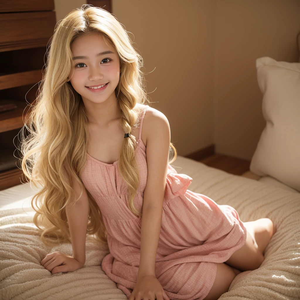 Beautiful teenage girl, , Indonesian american mixed race, baby face, sshing, blonde wavy hair,