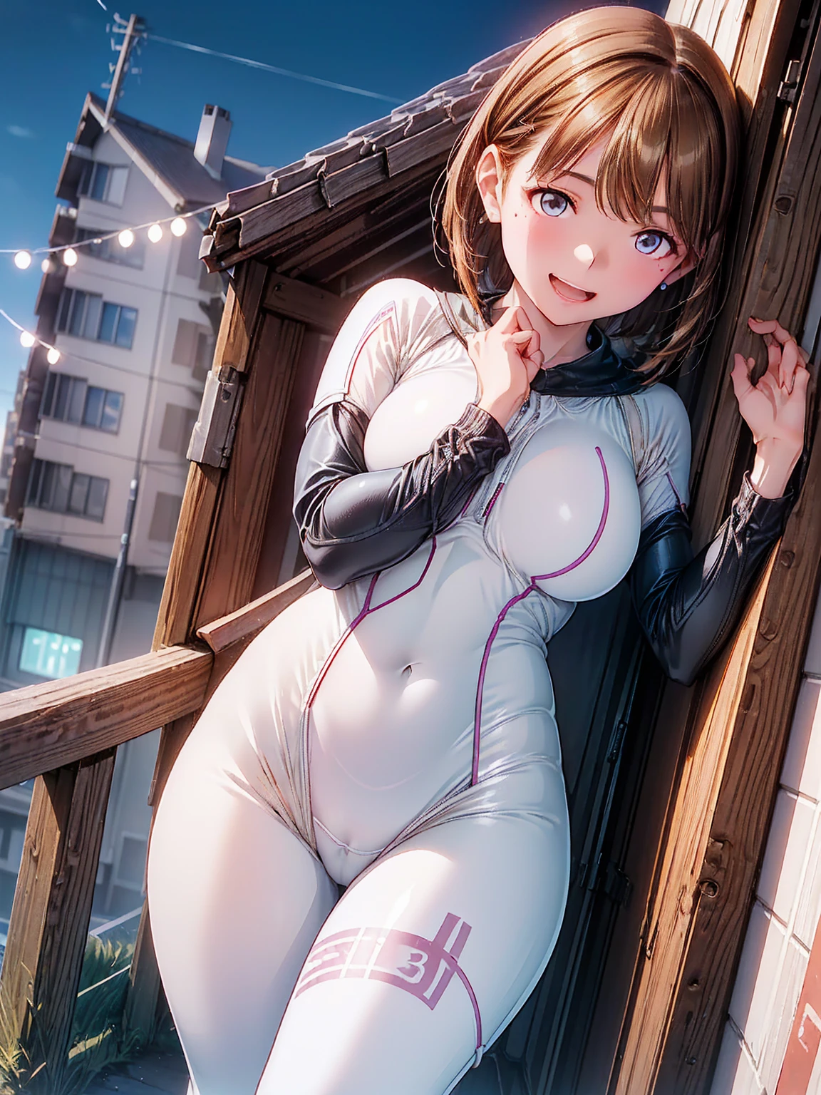 (Close-up of a woman)、((Depiction from the knee up))、((30-year-old woman))、Very large breasts、Bright smile、very short blonde hair、(Please open your mouth a little、High resolution、16k))、(((Very shiny, white rubber suit)))、((Late Night City))、View your viewers