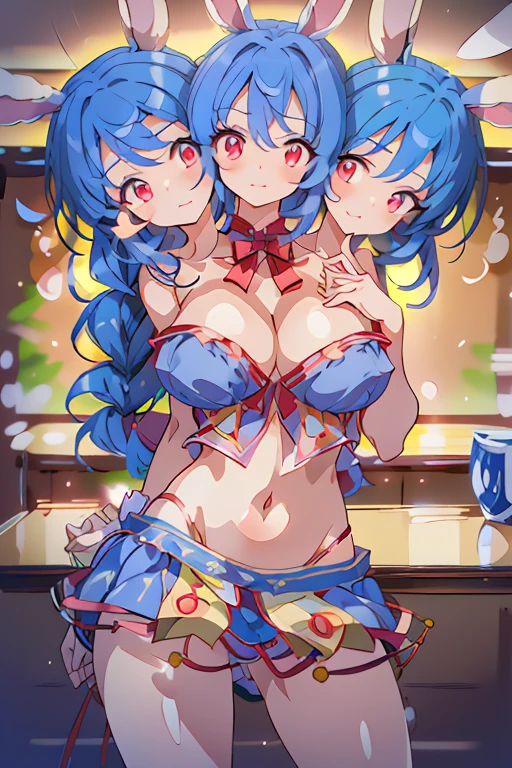 (masterpiece, best quality), best quality, best resolution, (ultra-detailed), (3heads:1.5), 1girl, (seiran:1.3), masterpiece, ultra quality, ultra resolution, best quality, ultra detail, periwinkle top, crop top, ((stomach)), midriff, ((groin)), periwinkle skirt, miniskirt, normal ears, shackles, dark blue hair, tied in two bushy ponytails, very long hair, wavy hair, sidelocks, red eyes, parted lips, rabbit ears, sweat, cute, toned belly, hand on own chest, eyelashes, (24 year old woman:1.3), (masterpiece:1.5), (best quality:1.5), (beautiful detailed), extremely detailed CG, extremely delicate and beautiful, depth of field, (finely detailed face), (perfect details:1.2), (mature female:1.3), wide pelvis, slender, large veiny breast, 16k resolution, highres, high quality, high definition, extremely detailed, masterpiece, dark blue hair, tied in two bushy ponytails long hair, alluring presence, twin braid, short skirt, close up, big tits, young, rabbit girl, girl with three heads,