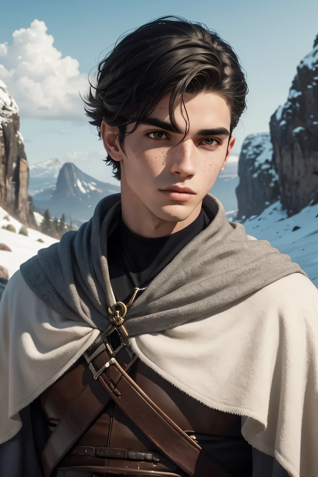 Um jovem ilusionista masculino. fantasy setting. cabelo muito curto. cabelo curto. Cabelo castanho escuro com corte inferior. Very pale skin with freckles and liver spots. Rosto redondo e macio. Queixo redondo e macio. Bochechas redondas e macias. Curved lips. Nariz longo e largo. olhos castanhos escuros. olhos arrebitados. long neck. muito magro, barely visible eyebrows. magro. friendly. tipo. Vestindo as roupas usadas do mago. Fundo: Uma paisagem escandinava. Montanhas e neve.