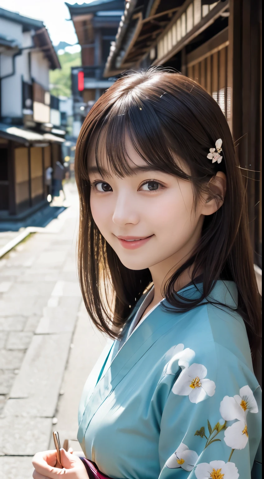 Professional Lighting,(Photorealistic:1.4), (Top image quality:1.0), (超A high resolution:1.0), 8k, Raw photography, (masterpiece:0.2), (Facing the children_v1:0.5)、(最高quality Detail:1.2)、Realistic、8K Ultra HD、High resolution、(1 girl:1.2)、超detailedな、High quality textures、複雑なdetailed、detailed、Very detailed CG、High quality shadows、detailed 美しく繊細な顔、Beautiful details and a delicate eye、(Symmetrical eyes:1.2),Written boundary depth、Ray Tracing,1 girl, Japanese Girls, (Natural smile:1.4),cute, thin, Portrait of a beautiful Japanese woman in a kimono, Standing elegantly on a street corner in Kyoto. Kimono with vibrant traditional patterns, Hair decorated with elegant and delicate hairpins, Gentle expression. (With the old streets of Kyoto in the background:1.4)、The soft light of a spring afternoon、Adding tranquility to the scene. Rendered in a Realistic style with great attention to detail, High resolutionの画像.Sky Porn, Magic Hour, (Realistic:1.3), finely, quality, (Tabletop:1.2), (Realistic:1.2), (最高quality), (複雑なdetailed), dramatic, Ray Tracing, photograph, +roller