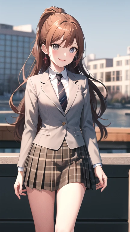 masterpiece, best quality, highres, Imai Lisa, long hair, ponytail, grey eyes, earrings, , striped necktie, brown necktie, collared shirt, grey jacket, blazer, long sleeves, plaid skirt, pleated skirt, brown skirt, outdoors, standing, outdoors, smile, arms at sides,