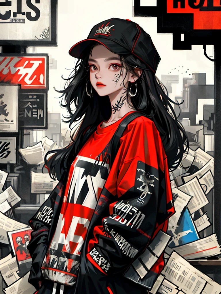 1girll,Back shadow splatter, red paint splatter Sweatshirt(black ish color),face and neck tattoo, An off-the-shoulder garment,baseball cap,Alchemy Laboratory,the mystery of unknown territories,Put your hands in your pockets,random colorful long hair,Shoulder-length hair,Black eyes,Game scene graph, raining street background