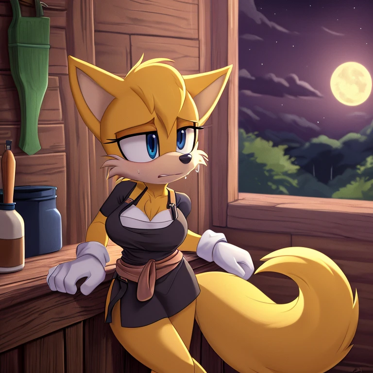 ((masterpiece)), high quality, ((2d, 2d art)), ((sharp, expressive eyes)), (detailed colors, detailed shading, (soft lighting)), detailed background, 1girl, Tails the Fox, yellow hair, (two tails), medium breasts, chest tuft, goggles, apron, work gloves, tool belt, workshop, tools, moonlight, arm support, exhausted, sweating, leaning forward