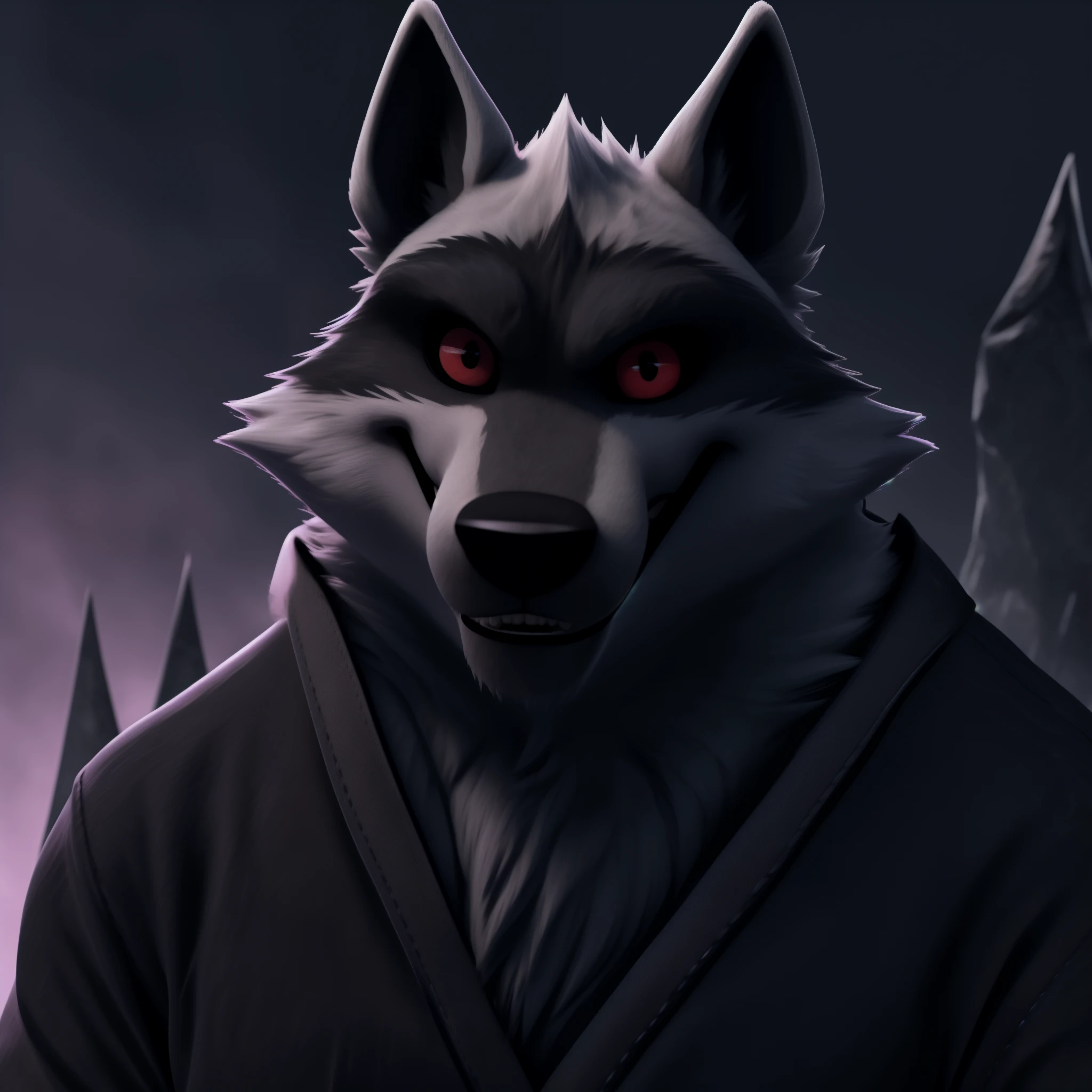 vibrant colors, boy, masterpiece, sharp focus, SFW, best quality, depth of field, cinematic, 1boy, anthro, bara, detailed cold frozen wasteland with blue ice tower formations scenery, male, male focus, fur, male only, protective clothes, perfect red eyes, solo, solo male, mature male, looking at the viewer, japanese anime, full body view, insane 8K details, smile, handsome, black pupils, deathwolf