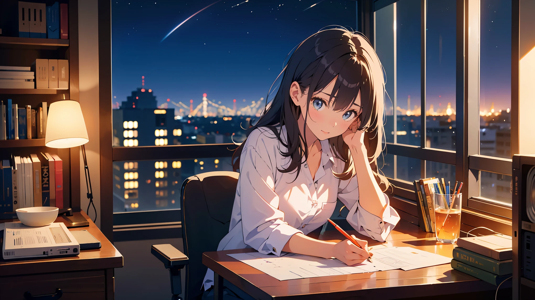 Please draw an illustration of a girl working on a computer late into the night.。The room is dark、The light from the computer screen illuminates her face.。She sits in a relaxed position、I am concentrating on my work.。In the background, the lights of the city at night can be seen through the window。The room is furnished with study and work-related items such as desk lamps and bookshelves.。The overall color scheme is calm.。