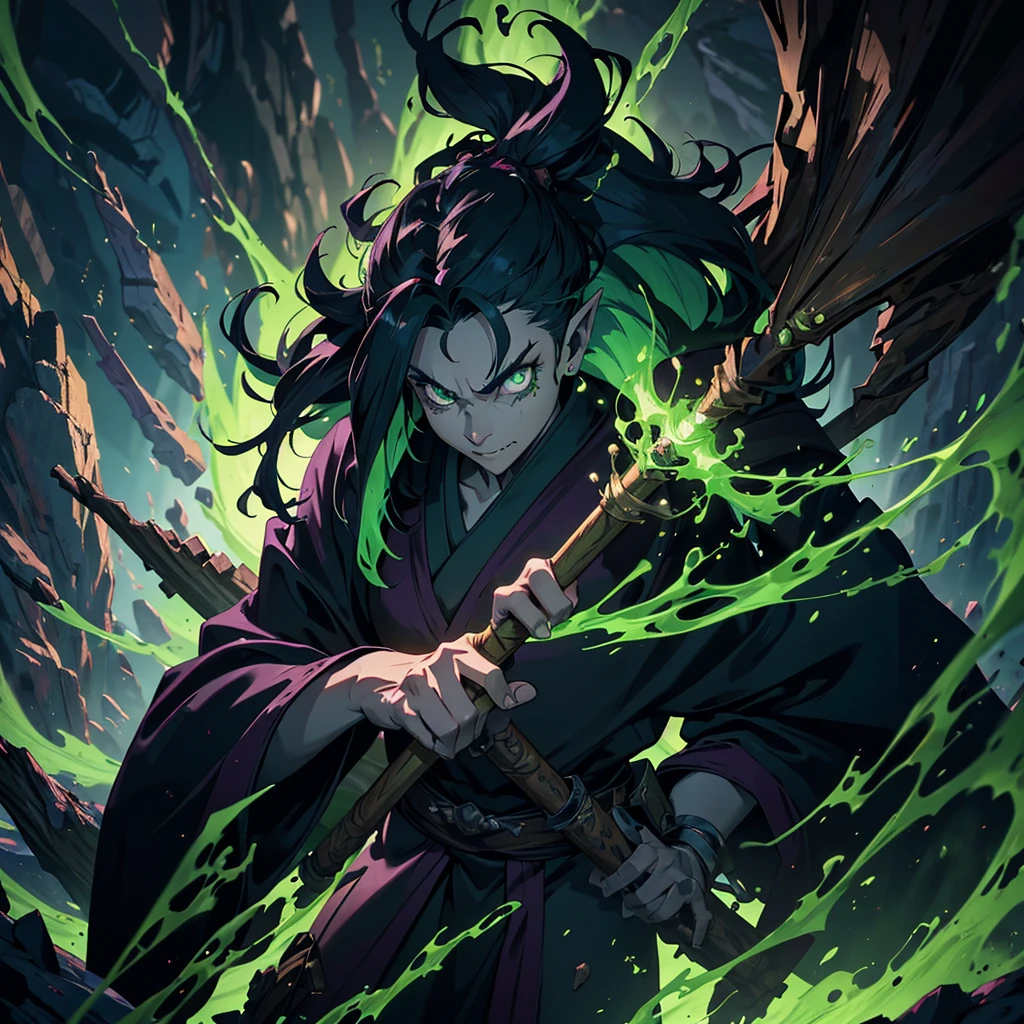 a clever, vicious green goblin, big detailed eyes, long ear hair, tattered mystic robe, wielding a pickaxe, lots of mystic pouches, quickly sneaking around a cavern, cinematic lighting, surreal, dark fantasy, highly detailed, 8k, photorealistic, sharp focus, professional, vibrant colors