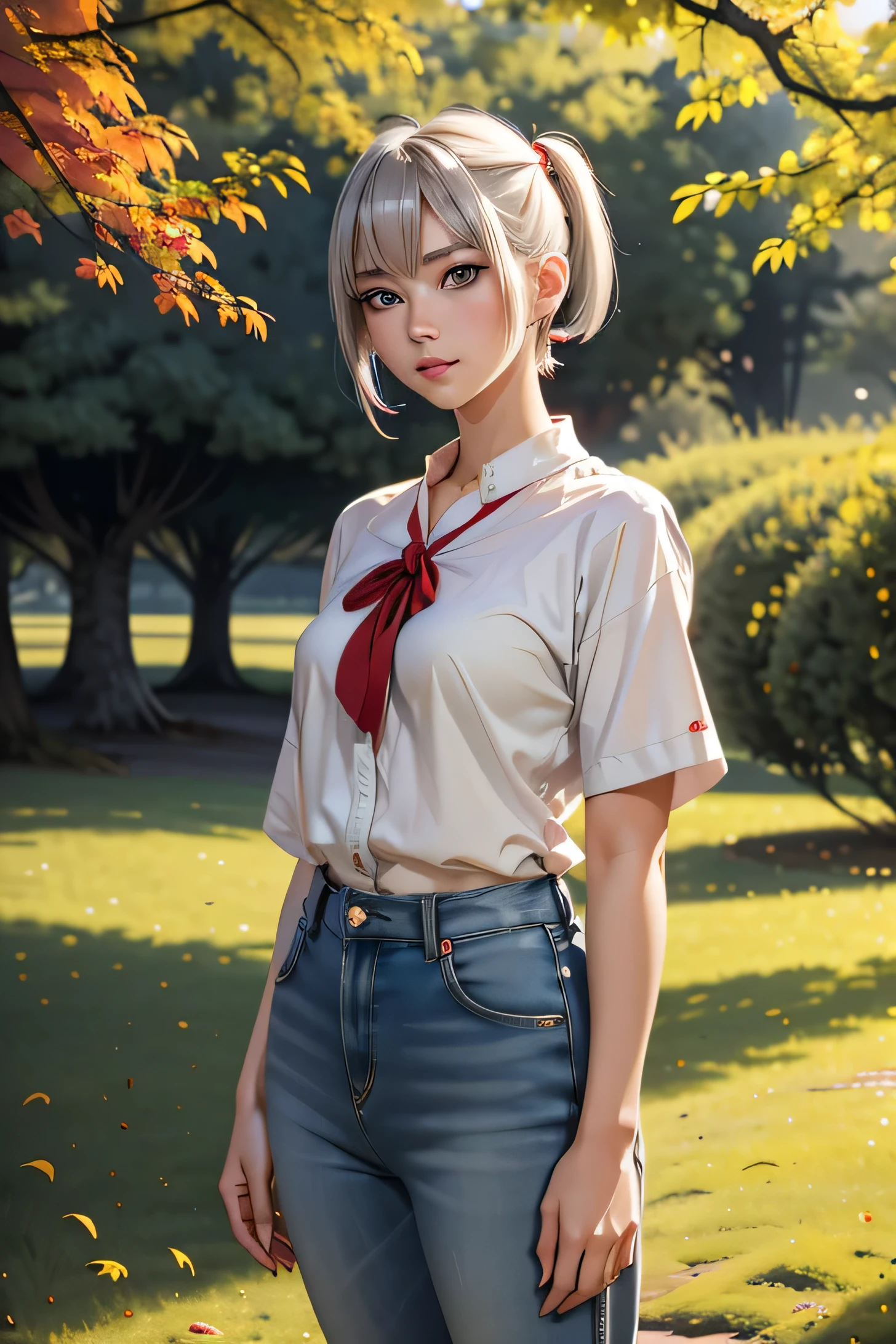 4K. Realistic full body portrait of an attractive Japanese woman: Attractive blonde 25 year old woman, woman with blue eyes, red tinted left eye, right eye, mismatched sclera, red eyes, yellow eyes, grey hair, short hair, short twin tails, post impressionist, UHD, HD, high resolution, textured skin