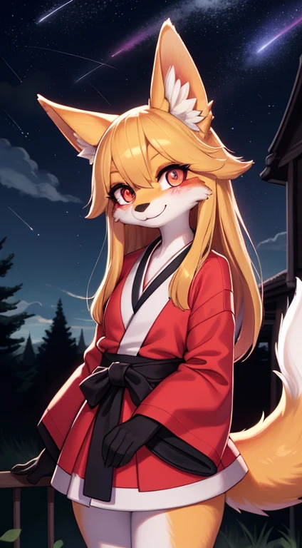 girl fox,hairy,furry,Golden fur,Golden yellow face fur,Long blonde hair,Eyes have light,Red eyes,Super cute face,Brown elements on fur,MIKO,Beautiful lights and shadows,Ambient light,Ultra-fine fur,Volumetric light,night,Clouds and stars in the sky,The sky outside is starry ,shooting stars,natural day light,smiled,Fluffy tail,color contact lenses , Bright pupils