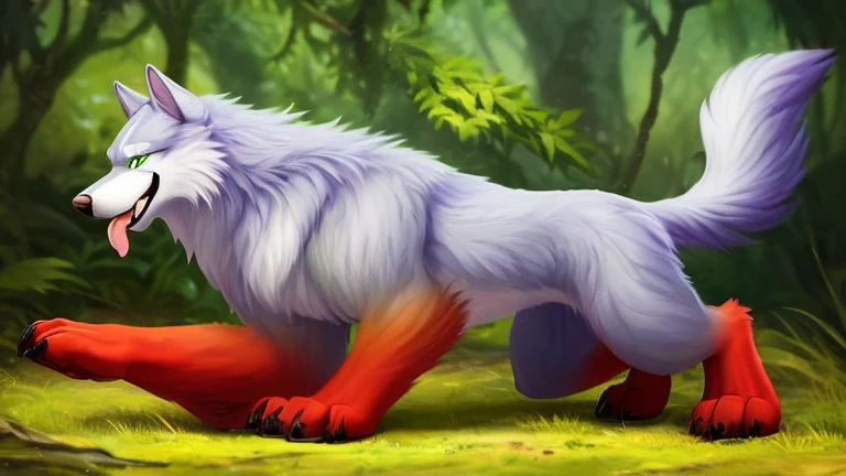 Beautifull artwork, fenrir, solo, (soft shading), 4k, hi res, detailed face, detailed eyes, detailed, ((full body)), forest, sexy pose, handsome, green eyes, jockstrap for feral dogs, wolf tail, tail, (feral), red paws, fluffy fur, (4 toes in each paw), larger tail, raised one leg, presenting big bulge, side view, small clothes