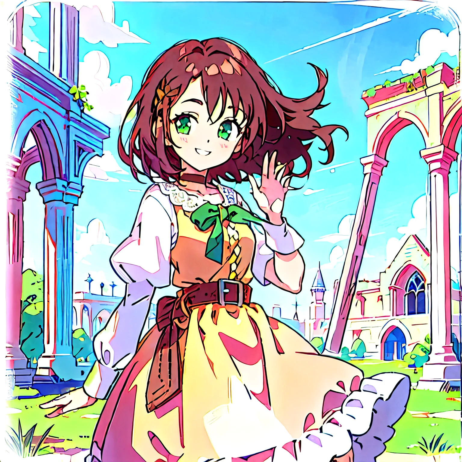 1girl, brown hair, green eyes, fantasy world, ruins, fort, beautiful sky, shining sky, sunshine, smiling, waving, camisoles, belts, arm warmer, ribbon choker, wind blowing dress, lace dress, no sleeves, two hands, perfect fingers, five fingers