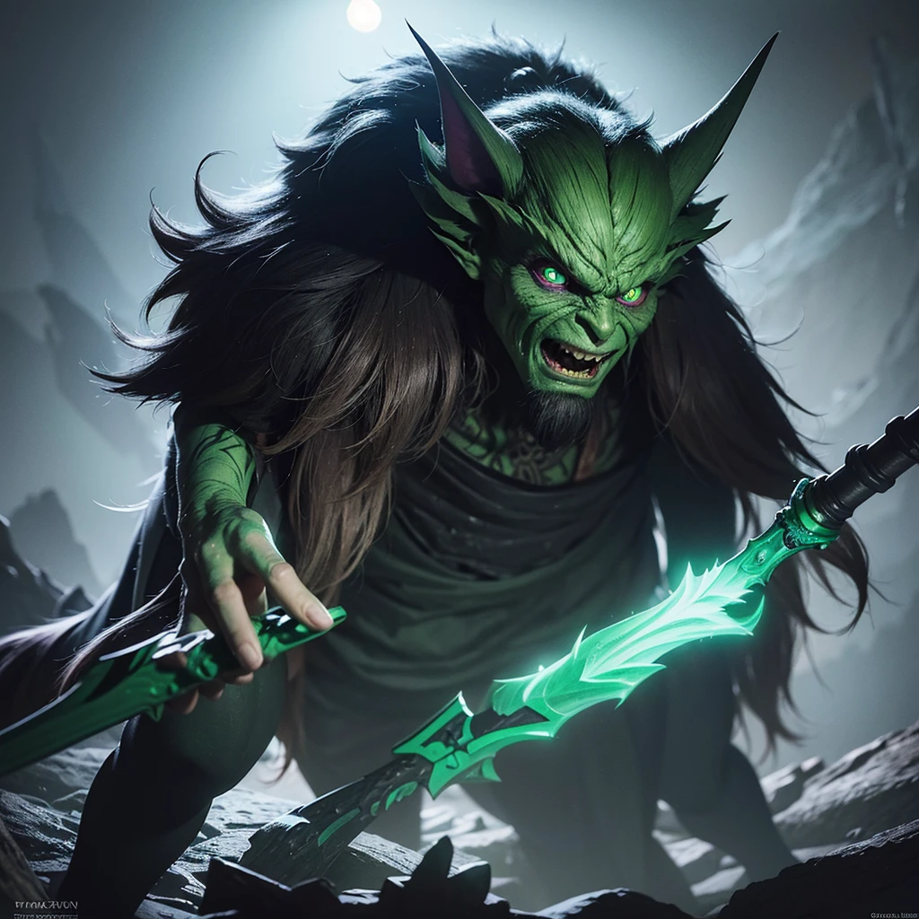 a clever, vicious green goblin, big detailed eyes, long ear hair, tattered mystic robe, wielding a pickaxe, lots of mystic pouches, quickly sneaking around a cavern, cinematic lighting, surreal, dark fantasy, highly detailed, 8k, photorealistic, sharp focus, professional, vibrant colors
