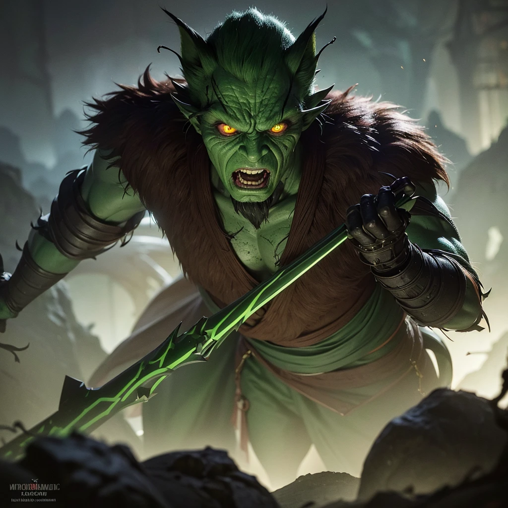 a clever, vicious green goblin, big detailed eyes, long ear hair, tattered mystic robe, wielding a pickaxe, lots of mystic pouches, quickly sneaking around a cavern, cinematic lighting, surreal, dark fantasy, highly detailed, 8k, photorealistic, sharp focus, professional, vibrant colors