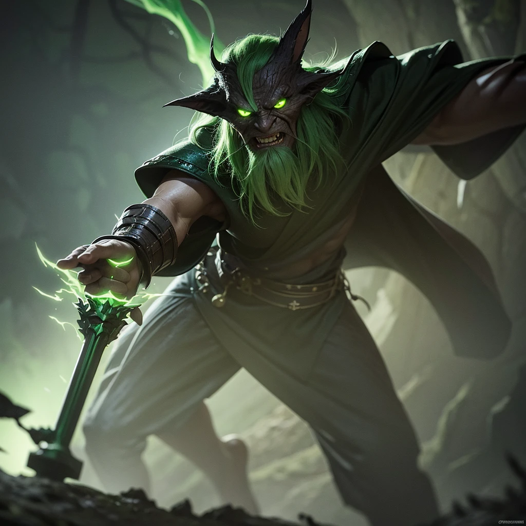 a clever, vicious green goblin, big detailed eyes, long ear hair, tattered mystic robe, wielding a pickaxe, lots of mystic pouches, quickly sneaking around a cavern, cinematic lighting, surreal, dark fantasy, highly detailed, 8k, photorealistic, sharp focus, professional, vibrant colors