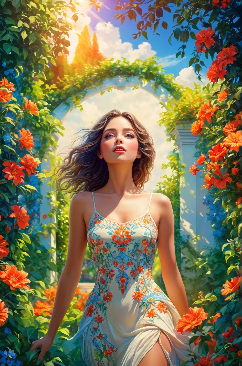 a beautiful girl in a lush garden, vibrant blue sky, red and orange flowers, detailed face and eyes, volumetric lighting, intricate details, photorealistic, high definition, masterpiece, professional digital art, cinematic color palette