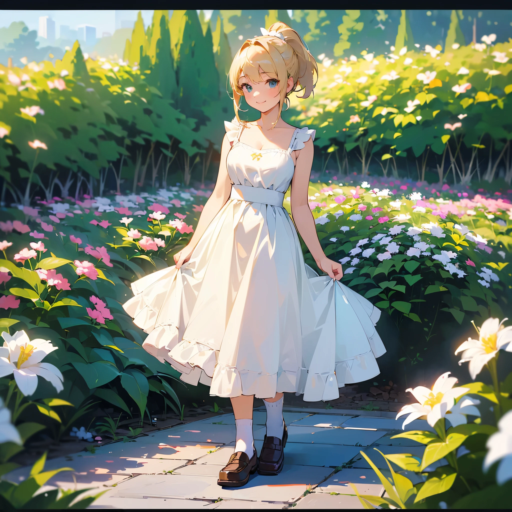 (high quality, High resolution, Very detailed, reality:1.37), Peaceful atmosphere, (Outdoor, garden), Teenage girl standing alone, (my breasts are big.), Beautiful details, Cute Smile, (Blonde Ponytail), White camisole dress, White socks, loafers.