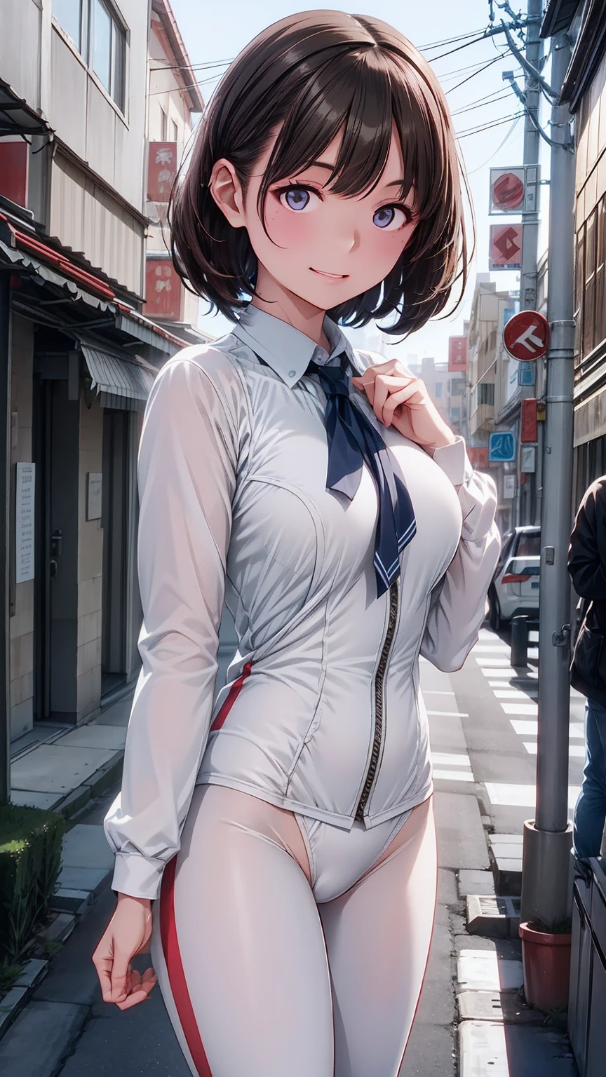 (Close-up of a woman)、((Depiction from the knee up))、((30-year-old woman))、Very large breasts、Bright smile、very short blonde hair、(Please open your mouth a little、High resolution、16k))、(((Very shiny,White latex suit)))、((Late Night City))、View your viewers