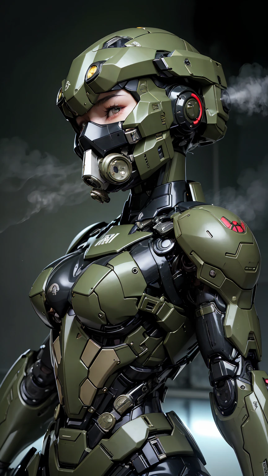 最high quality非常に詳細, Advanced Details, high quality, 最high quality, High resolution, 1080p, hard disk, beautiful,(War Machine),(Snug-fitting headgear),See the big picture,beautifulサイボーグ女性,Dark Green Mecha Cyborg Girl,Battle Mode,Mecha Body Girl　8k dark green body armor　Elementary school girl　Sweaty face　Droopy eyes　short hair　Gas mask with extension nozzle　boyish　Steam coming out of my head　My hair is wet with sweat　Black Hair, Steam coming out of the mouth　Lie in bed with no exposed skin　