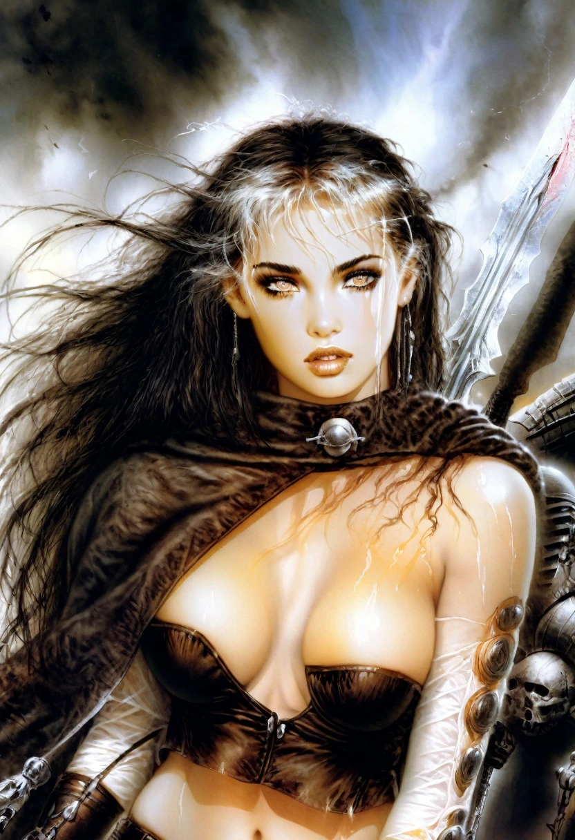Create a hyper detailed photograph of a luis royo APOCALYPSE youthful glamorous, Stunningly perfect gorgeous face, perfect makeup, detailed vibrant eyes, hair, perfect beautiful legs, perfect beautiful arms, , abs, detailed smooth skin, big breast, big perfect ass,
