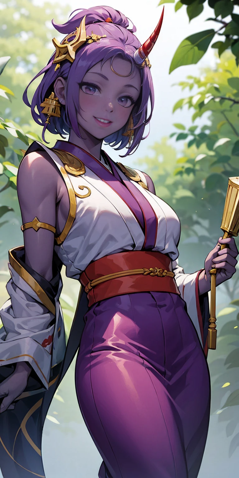 (masterpiece, best quality:1.2) from below intricate details, spirit blossom soraka, 1girl, purple skin, colored skin, single horn, kimono, hair ornament, bare shoulders, smile