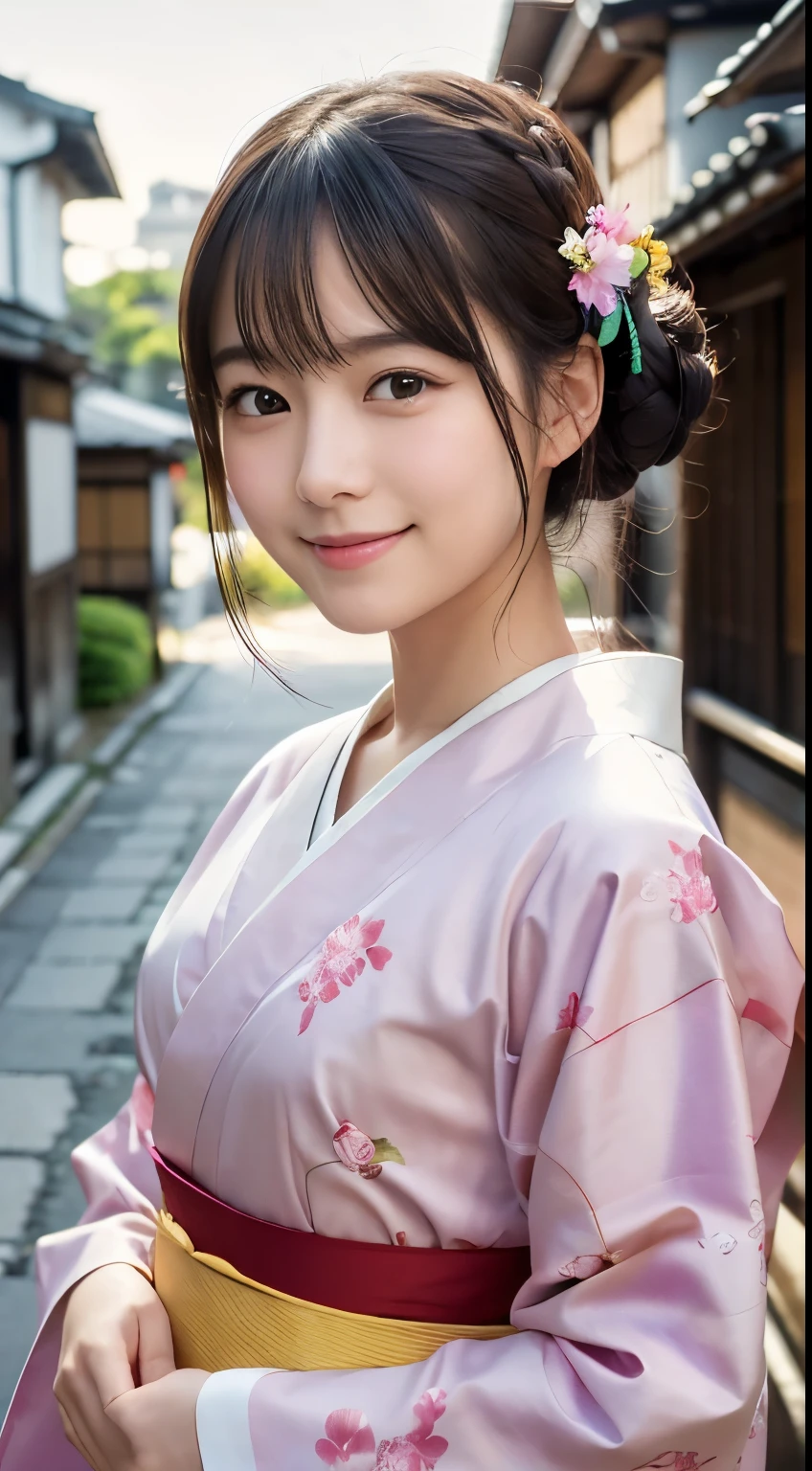 Professional Lighting,(Photorealistic:1.4), (Top image quality:1.0), (超A high resolution:1.0), 8k, Raw photography, (masterpiece:0.2), (Facing the children_v1:0.5)、(最高quality Detail:1.2)、Realistic、8K Ultra HD、High resolution、(1 girl:1.2)、超detailedな、High quality textures、複雑なdetailed、detailed、Very detailed CG、High quality shadows、detailed 美しく繊細な顔、Beautiful details and a delicate eye、(Symmetrical eyes:1.2),Written boundary depth、Ray Tracing,1 girl, Japanese Girls, (Natural smile:1.4),cute, thin, Portrait of a beautiful Japanese woman in a kimono, Standing elegantly on a street corner in Kyoto. Kimono with vibrant traditional patterns, Hair decorated with elegant and delicate hairpins, Gentle expression. (With the old streets of Kyoto in the background:1.4)、The soft light of a spring afternoon、Adding tranquility to the scene. Rendered in a Realistic style with great attention to detail, High resolutionの画像.Sky Porn, Magic Hour, (Realistic:1.3), finely, quality, (Tabletop:1.2), (Realistic:1.2), (最高quality), (複雑なdetailed), dramatic, Ray Tracing, photograph, +roller