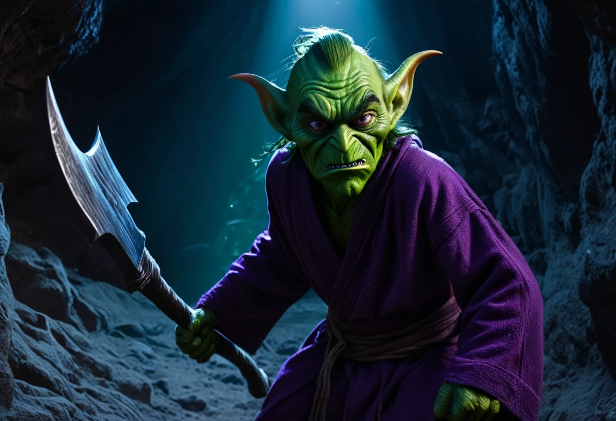 a clever, vicious green goblin, big detailed eyes, long ear hair, tattered mystic robe, wielding a pickaxe, lots of mystic pouches, quickly sneaking around a cavern, cinematic lighting, surreal, dark fantasy, highly detailed, 8k, photorealistic, sharp focus, professional, vibrant colors