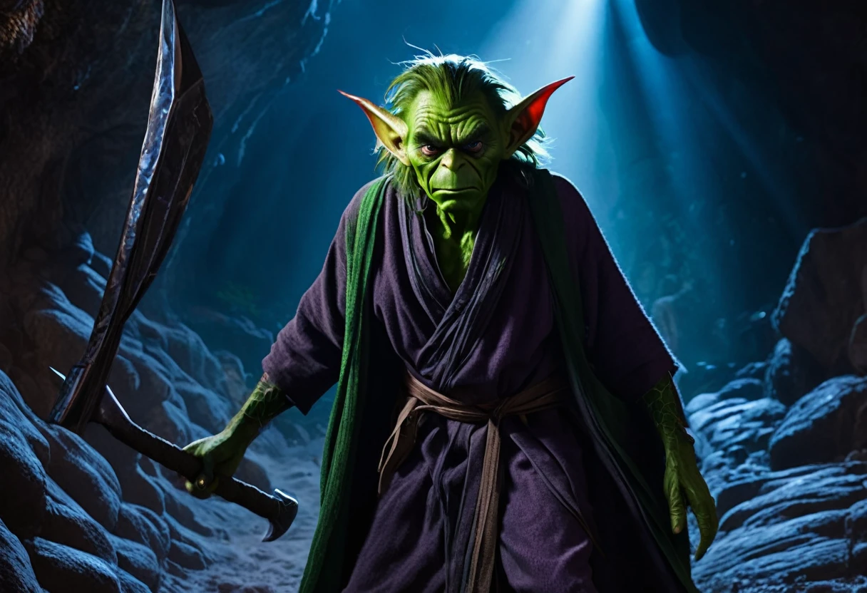 a clever, vicious green goblin, big detailed eyes, long ear hair, tattered mystic robe, wielding a pickaxe, lots of mystic pouches, quickly sneaking around a cavern, cinematic lighting, surreal, dark fantasy, highly detailed, 8k, photorealistic, sharp focus, professional, vibrant colors