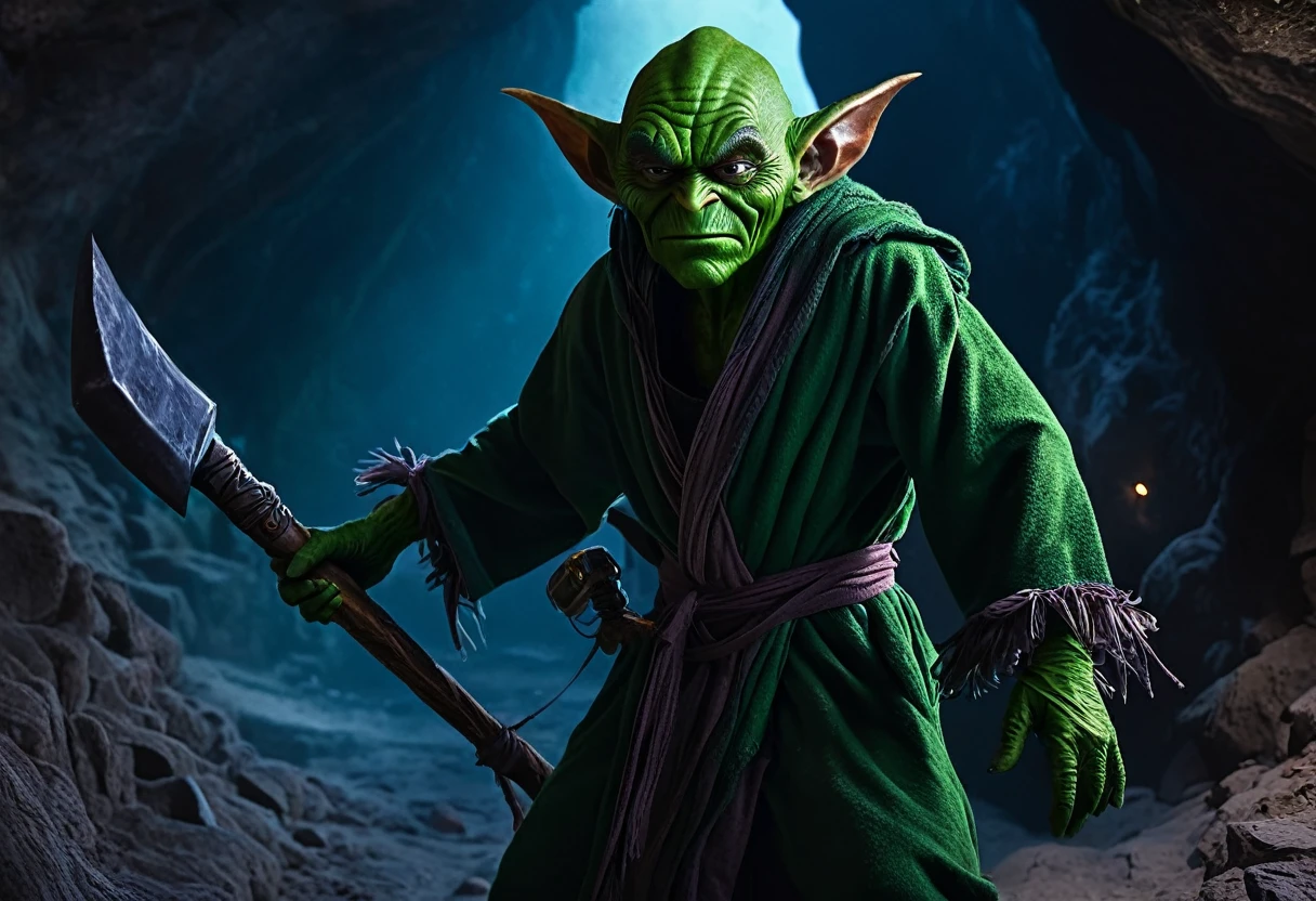 a clever, vicious green goblin, big detailed eyes, long ear hair, tattered mystic robe, wielding a pickaxe, lots of mystic pouches, quickly sneaking around a cavern, cinematic lighting, surreal, dark fantasy, highly detailed, 8k, photorealistic, sharp focus, professional, vibrant colors