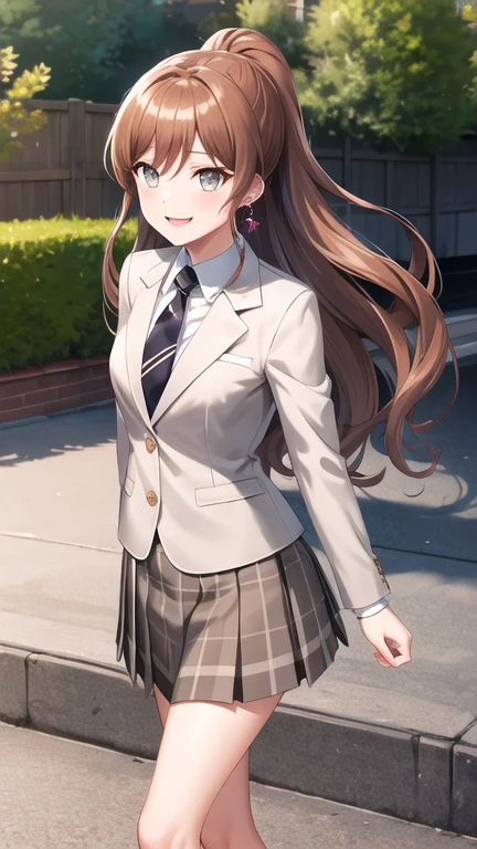 masterpiece, best quality, highres, Imai Lisa, long hair, ponytail, grey eyes, earrings, , striped necktie, brown necktie, collared shirt, grey jacket, blazer, long sleeves, plaid skirt, pleated skirt, brown skirt, outdoors, standing, outdoors, smile, arms at sides,