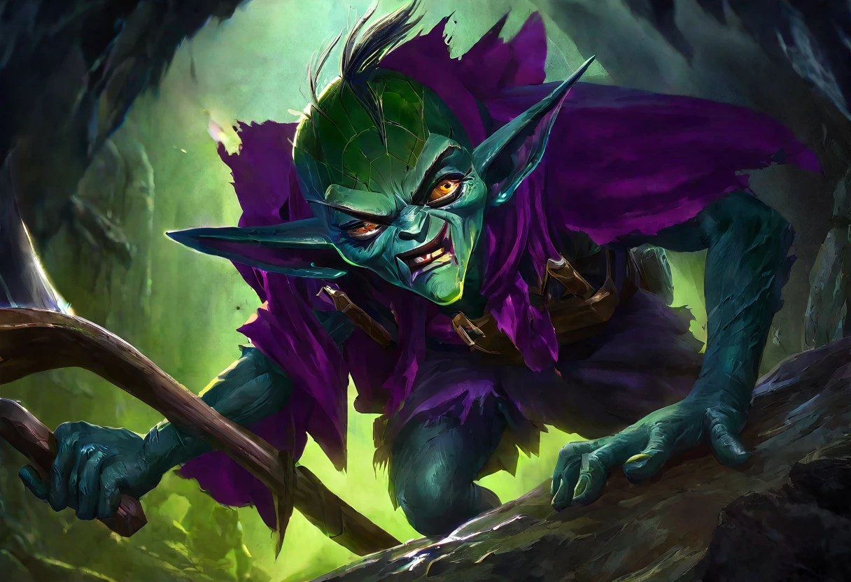 a clever, vicious green goblin, big detailed eyes, long ear hair, tattered mystic robe, wielding a pickaxe, lots of mystic pouches, quickly sneaking around a cavern, cinematic lighting, surreal, dark fantasy, highly detailed, 8k, photorealistic, sharp focus, professional, vibrant colors