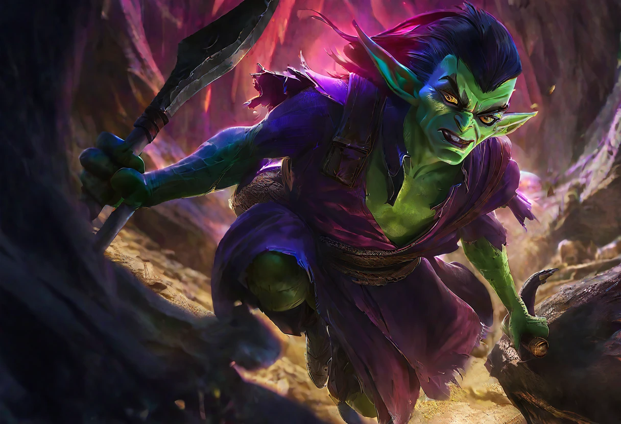 a clever, vicious green goblin, big detailed eyes, long ear hair, tattered mystic robe, wielding a pickaxe, lots of mystic pouches, quickly sneaking around a cavern, cinematic lighting, surreal, dark fantasy, highly detailed, 8k, photorealistic, sharp focus, professional, vibrant colors