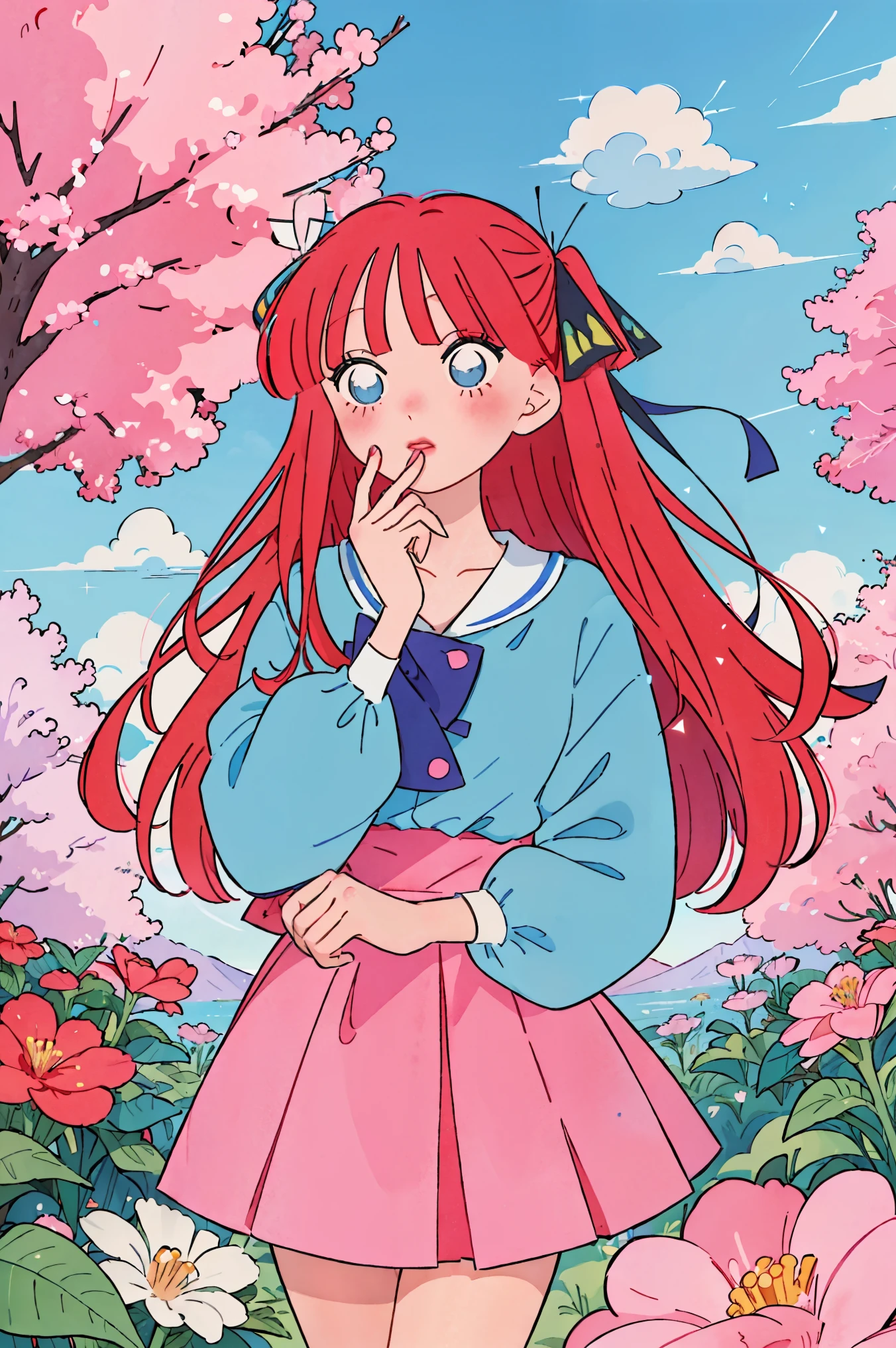 Nino nakano, (Old anime, vintage anime, 90's anime style, naoko takeuchi style, masterpiece、top-quality、top-quality、Official art、Beautifully Aesthetic:1.2)、(a beauty girl:1.3)、vivid colours、colourful, lHD Detail, Ultra Detail, soft Light, Deep Focus Bokeh, magical photography, dramatic lighting, intricate details, (1 girl, solo, alone), , sfw, nakano_nino, blue eyes, indigo eyes, aanino, sparkling blue eyes, sfw, pretty teenage girl with long pink red hair, heart shaped lips and blue eyes making a cute face, blushing, aanini, Nakano nino from The Quintessential Quintuplets, Miku Nakano, masterpiece, 4k, ultradetailed, cowboy shot, long pink red hair, blue eyes, innocent, pure, tender, lovely