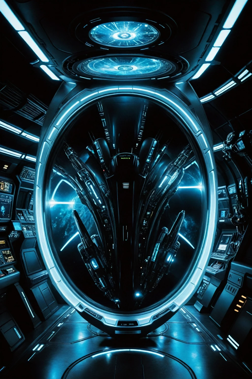 A colossal bioengineered spacecraft from the 32nd century pierces through swirling vortexes of hyperspace, its sleek, metallic hull glowing with an otherworldly aura. Hyper-realistic lighting illuminates intricate details: holographic displays flicker like celestial bodies, while bioluminescent accents pulse softly. Alien crew members float effortlessly amidst zero-gravity chaos, surrounded by complex machinery and futuristic design. Advanced alien technology hums to life within the vessel's detailed interior, where glowing energy conduits crisscross like veins on a futuristic anatomy.