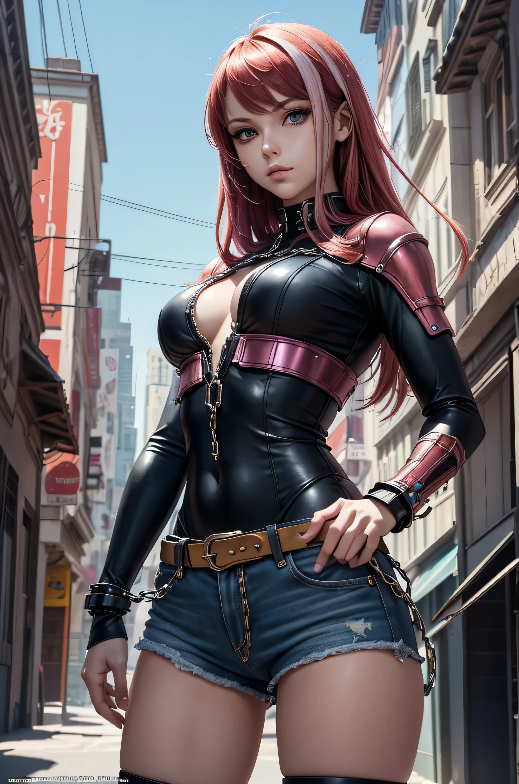 Street of futuristic syfy city. there stand mettalic female android, her elegant body made from mettal, despite she made of mettal she have beautiful face features, long syntetic red hair with pink highlights, her breasts wrapped with chains and also she wears jeans shorts with open top butten, she looks sweet but a psyho, (ultra high quality fantasy art, syfy fantasy style, masterpiece, ultra high quality character design, 8k quality anime art, realistic anime art, top quality wallpaper illustration, detailed ultra high quality accurate face, high quality design and accurate physic)