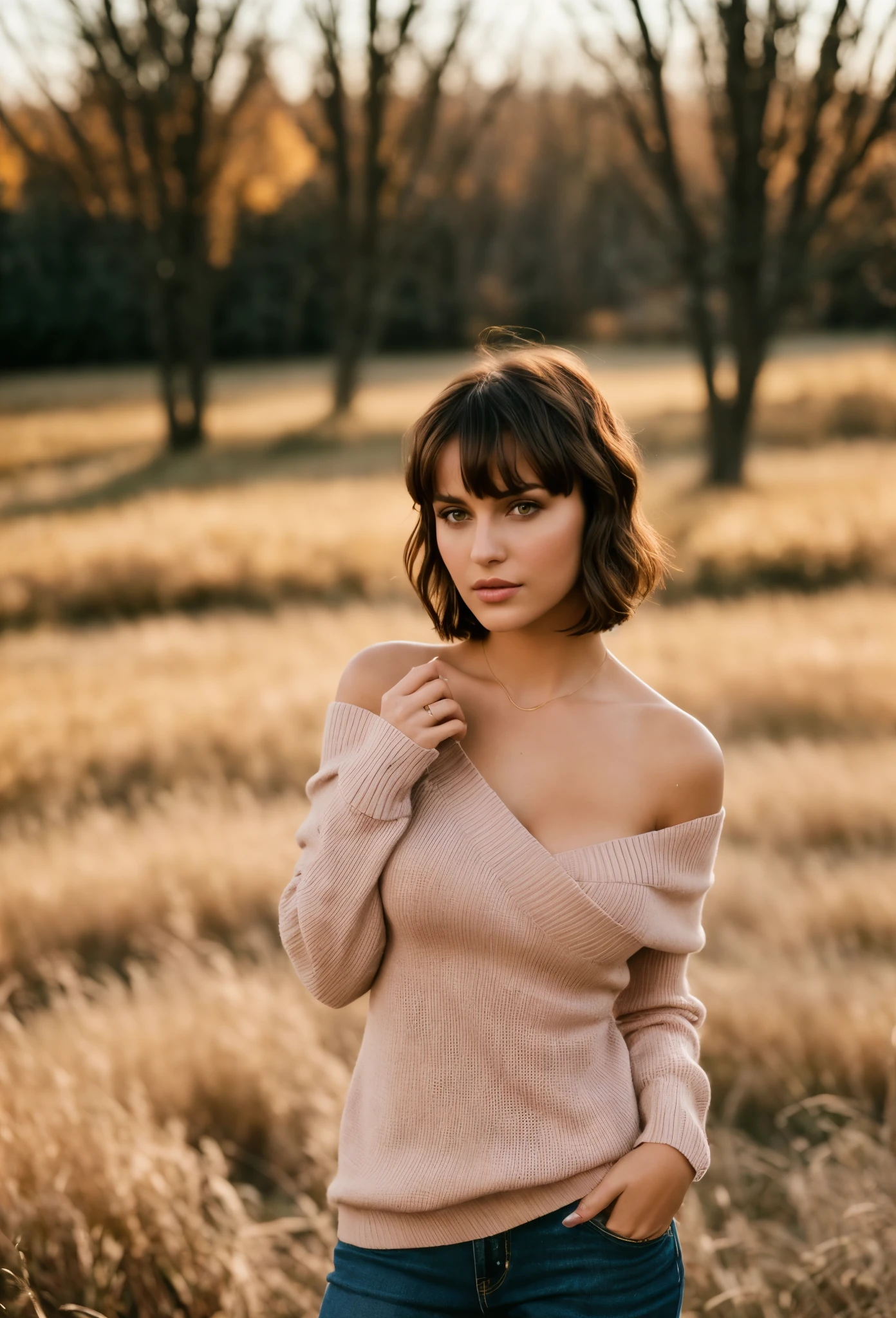 35mm film, one sexy girl, supermodel, shiny skin, short hair, bangs, prefect face, makeup, blush, parted lips, big tits, cleavage, thin waist, off shoulder sweater, oversize sweater, long sleeves, (looking at viewer), field grass, maple trees, golden hour, film grain, (upper body), epiCPhoto, 