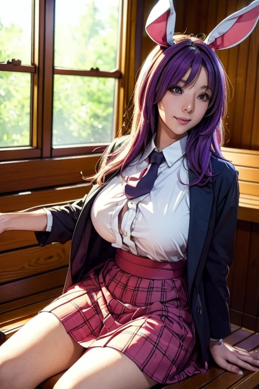 sit in Sauna room  , steam , waistband of skirt is at the point above chest , plaid skirt , pleated skirt , Tight shirt , white Shirt , school girl , skirt under breasts , skirt is near breasts area , skirt is adjacent to the chest , (masterpiece, best quality, hires, high resolution:1.2, 4k, 8k , high quality), extremely detailed, realistic, intricate details, highres, 1girl, solo, (large breasts, thick thighs, wide hips), arched back,(cinematic lighting, sunlight, perfect lighting, backlighting), eye-level shot, extreme close-up-shot, looking at viewer, , green skirt nakano_yotsuba_ecsta, blue eyes, orange hair, hair ribbon, nakano yotsuba, short hair, green ribbon, hair between eyes , masterpiece, best quality,   1girl,smile,reisen udongein inaba, purple hair,very long hair, rabbit ears, red eyes,black jacket,pink skirt,necktie,