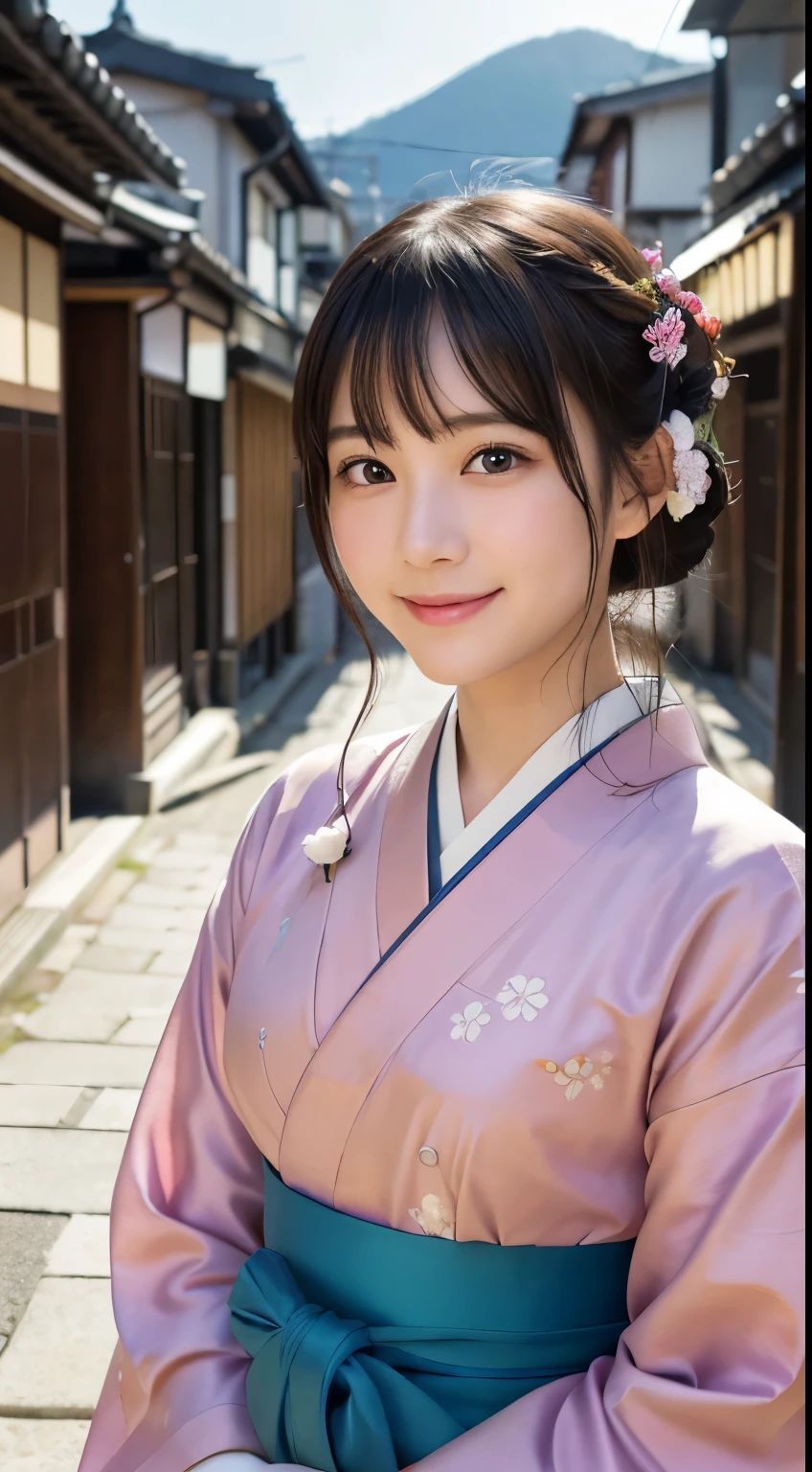 Professional Lighting,(Photorealistic:1.4), (Top image quality:1.0), (超A high resolution:1.0), 8k, Raw photography, (masterpiece:0.2), (Facing the children_v1:0.5)、(最高quality Detail:1.2)、Realistic、8K Ultra HD、High resolution、(1 girl:1.2)、超detailedな、High quality textures、複雑なdetailed、detailed、Very detailed CG、High quality shadows、detailed 美しく繊細な顔、Beautiful details and a delicate eye、(Symmetrical eyes:1.2),Written boundary depth、Ray Tracing,1 girl, Japanese Girls, (Natural smile:1.4),cute, thin, Portrait of a beautiful Japanese woman in a kimono, Standing elegantly on a street corner in Kyoto. Kimono with vibrant traditional patterns, Hair decorated with elegant and delicate hairpins, Gentle expression. (With the old streets of Kyoto in the background:1.4)、The soft light of a spring afternoon、Adding tranquility to the scene. Rendered in a Realistic style with great attention to detail, High resolutionの画像.Sky Porn, Magic Hour, (Realistic:1.3), finely, quality, (Tabletop:1.2), (Realistic:1.2), (最高quality), (複雑なdetailed), dramatic, Ray Tracing, photograph, +roller