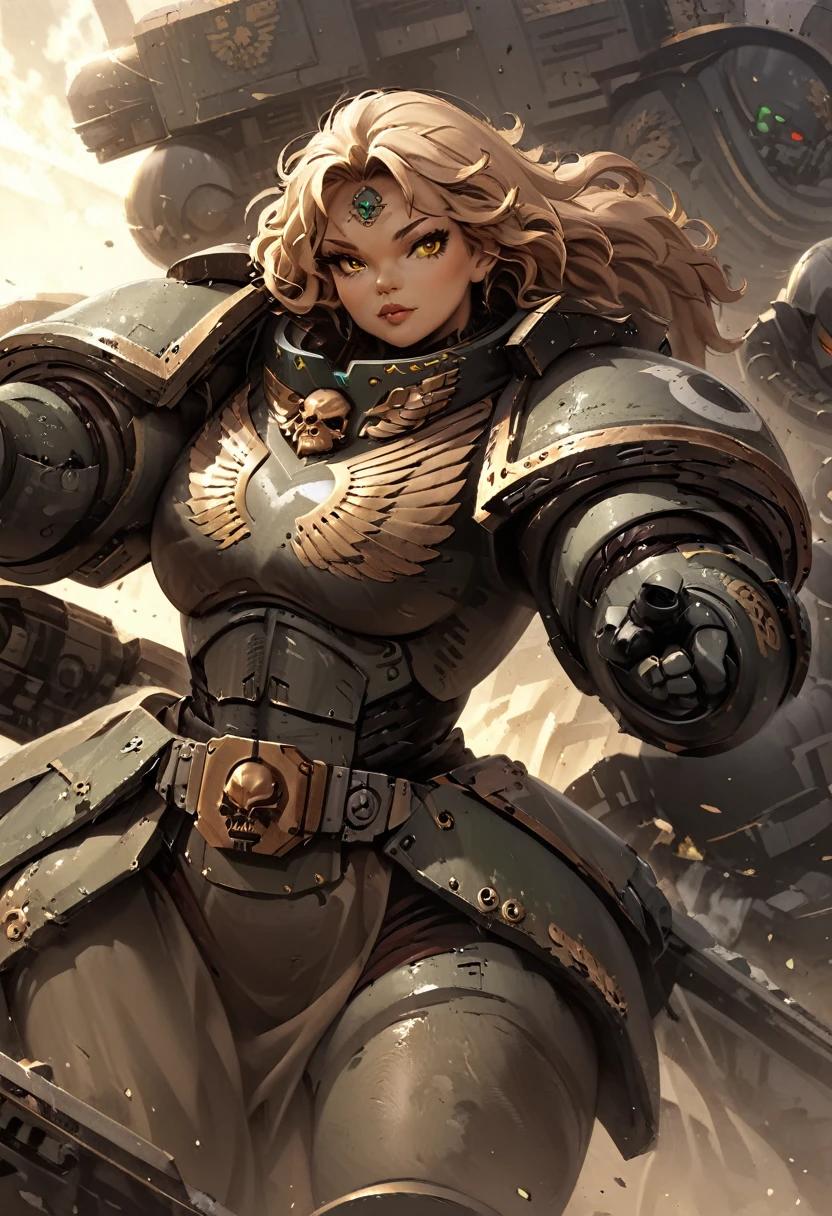 detailed illustration (side view),dynamic angle,ultra-detailed, illustration, pose for the camera, anime, clean line art, shading, woman, Big strong woman, wearing power armor, hand outstretched towards camera, fighting, rescuing viewer, motherly, milf, thick, power armor, Warhammer 40k imperium, female space marine,