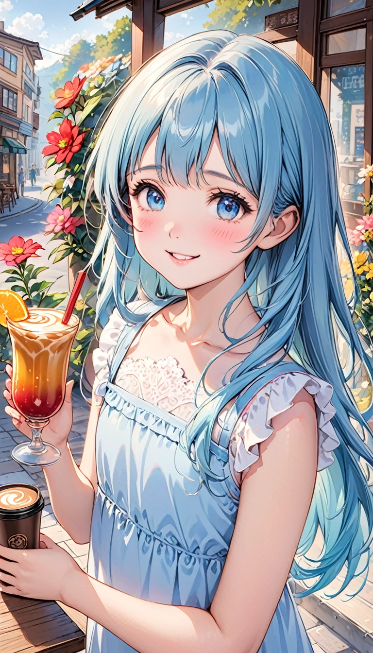 masterpiece, best quality, extremely detailed, (illustration, official art:1.1), 1 girl ,(((( light blue long hair)))), ,(((( light blue long hair)))),light blue hair, ,, long hair ((blush)) , cute face, big eyes, masterpiece, best quality,(((((a very delicate and beautiful girl))))),Amazing,beautiful detailed eyes,blunt bangs((((little delicate girl)))),tareme(true beautiful:1.2), sense of depth,dynamic angle,,,, affectionate smile, (true beautiful:1.2),,(tiny 1girl model:1.2),)(flat chest),girl,(Open terrace coffee shop),(Beautiful and colorful flowers are displayed outside.),,(caramel colored drink),(close up of face:1.1),happy smile、shy
