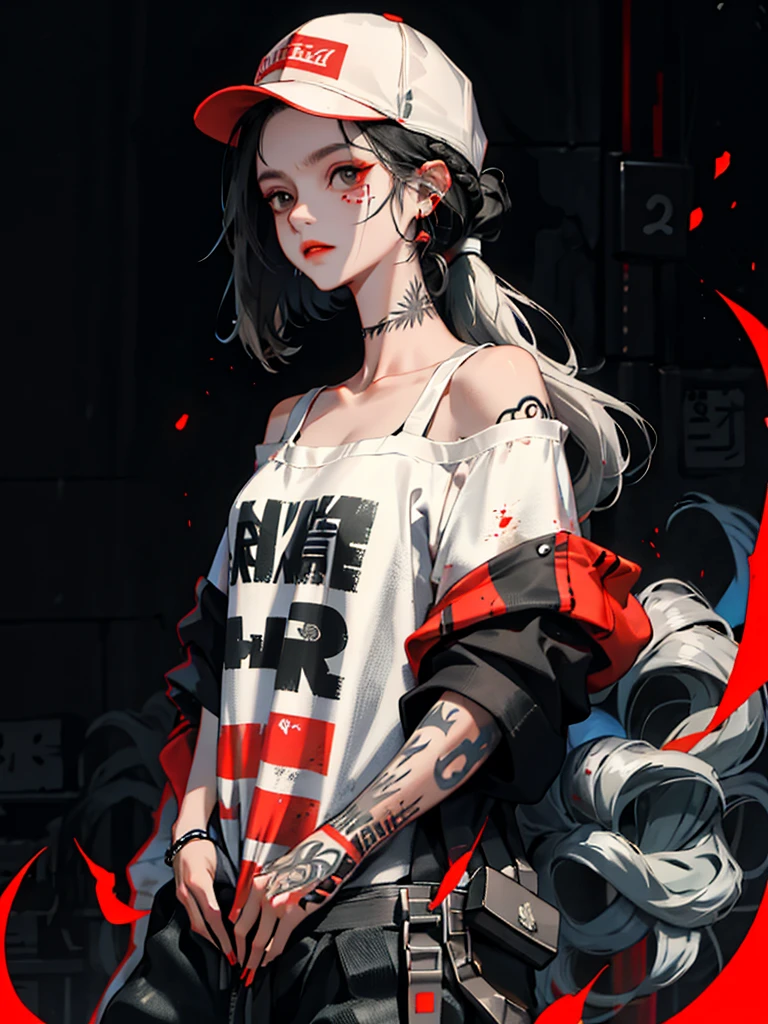 1girll,Back shadow splatter, red paint splatter Sweatshirt(black ish color),face and neck tattoo, An off-the-shoulder garment,baseball cap,Alchemy Laboratory,the mystery of unknown territories,Put your hands in your pockets,random colorful long hair,Shoulder-length hair,Black eyes,Game scene graph, raining street background