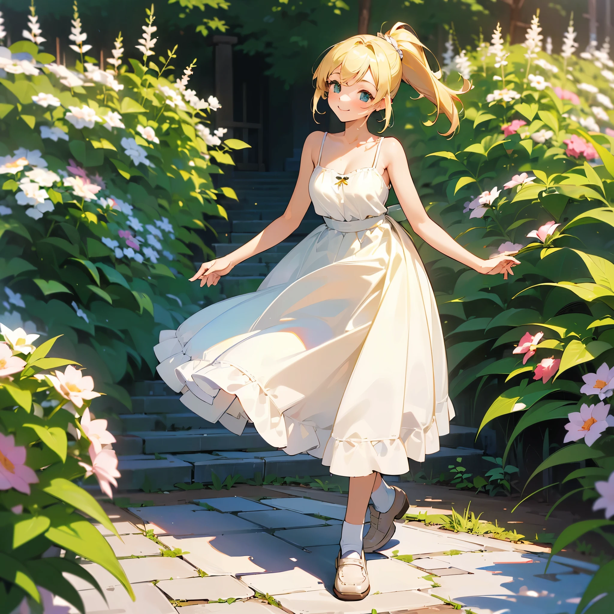 (high quality, High resolution, Very detailed, reality:1.37), Peaceful atmosphere, (Outdoor, garden), age girl standing alone, (my breasts are big.), Beautiful details, Cute Smile, (Blonde Ponytail), White camisole dress, White socks, loafers.