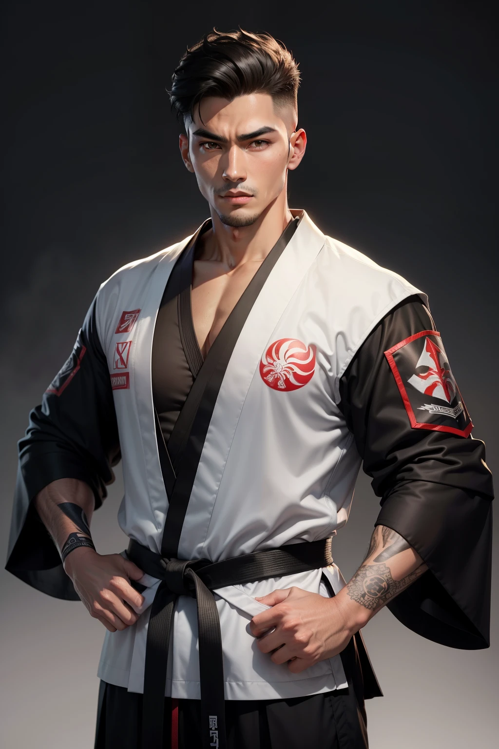 um lutador homem de taekwondo de dobok com faixa preta, the black collar on the neck of the kimono