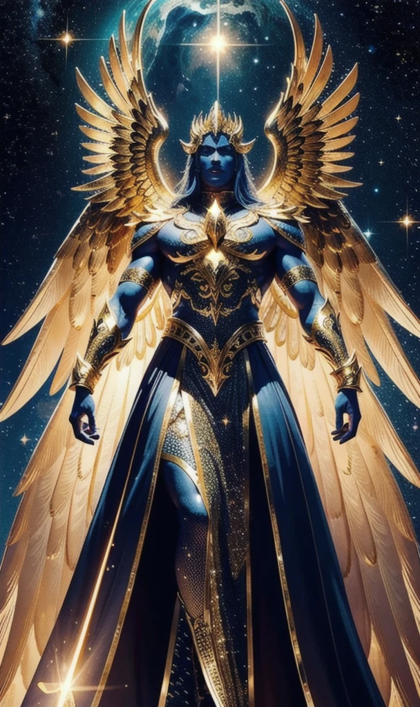 A colossal, majestic figure of Yaldabaoth, the demiurgic and divine entity from Gnostic mythology, standing tall and imposing, with a leonine head radiating an aura of power and authority. Piercing, supernatural eyes glow with a penetrating light. A hybrid body, combining human and reptilian forms, covered in shimmering golden scales that reflect an otherworldly luminescence. Massive, eagle-like wings spread from its back, feathers ranging from gleaming gold to deep, shadowy black, symbolizing the duality of creator and destroyer. Powerful, muscular hands ending in sharp talons, signifying control and dominion over the material world. The cosmic, surreal landscape surrounding Yaldabaoth features colorful nebulae and shining stars, with a balance of darkness and light, reinforcing the contrast between the divine and the demonic. Ancient, mystical symbols float ethereally, representing its connection to esoteric knowledge and arcane power.