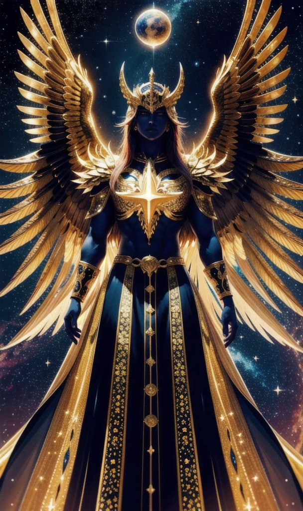 A colossal, majestic figure of Yaldabaoth, the demiurgic and divine entity from Gnostic mythology, standing tall and imposing, with a leonine head radiating an aura of power and authority. Piercing, supernatural eyes glow with a penetrating light. A hybrid body, combining human and reptilian forms, covered in shimmering golden scales that reflect an otherworldly luminescence. Massive, eagle-like wings spread from its back, feathers ranging from gleaming gold to deep, shadowy black, symbolizing the duality of creator and destroyer. Powerful, muscular hands ending in sharp talons, signifying control and dominion over the material world. The cosmic, surreal landscape surrounding Yaldabaoth features colorful nebulae and shining stars, with a balance of darkness and light, reinforcing the contrast between the divine and the demonic. Ancient, mystical symbols float ethereally, representing its connection to esoteric knowledge and arcane power.