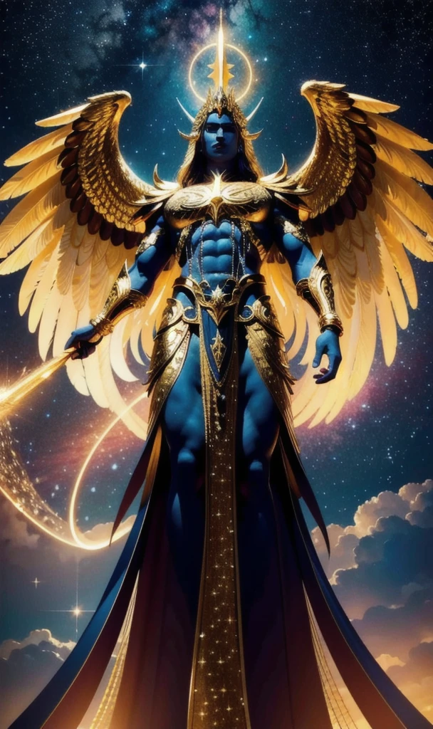 A colossal, majestic figure of Yaldabaoth, the demiurgic and divine entity from Gnostic mythology, standing tall and imposing, with a leonine head radiating an aura of power and authority. Piercing, supernatural eyes glow with a penetrating light. A hybrid body, combining human and reptilian forms, covered in shimmering golden scales that reflect an otherworldly luminescence. Massive, eagle-like wings spread from its back, feathers ranging from gleaming gold to deep, shadowy black, symbolizing the duality of creator and destroyer. Powerful, muscular hands ending in sharp talons, signifying control and dominion over the material world. The cosmic, surreal landscape surrounding Yaldabaoth features colorful nebulae and shining stars, with a balance of darkness and light, reinforcing the contrast between the divine and the demonic. Ancient, mystical symbols float ethereally, representing its connection to esoteric knowledge and arcane power.