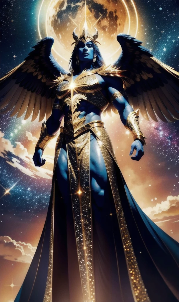 A colossal, majestic figure of Yaldabaoth, the demiurgic and divine entity from Gnostic mythology, standing tall and imposing, with a leonine head radiating an aura of power and authority. Piercing, supernatural eyes glow with a penetrating light. A hybrid body, combining human and reptilian forms, covered in shimmering golden scales that reflect an otherworldly luminescence. Massive, eagle-like wings spread from its back, feathers ranging from gleaming gold to deep, shadowy black, symbolizing the duality of creator and destroyer. Powerful, muscular hands ending in sharp talons, signifying control and dominion over the material world. The cosmic, surreal landscape surrounding Yaldabaoth features colorful nebulae and shining stars, with a balance of darkness and light, reinforcing the contrast between the divine and the demonic. Ancient, mystical symbols float ethereally, representing its connection to esoteric knowledge and arcane power.