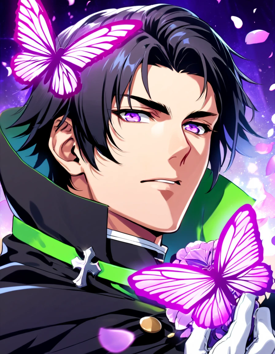 Ultra detailed, HDR, Highres, absurdres, master piece, Ichinose Guren, black hair, without bangs, expressive purple eyes, black cape, Owari No Seraph, black clothes, purple glittering butterflies, petals, fantasy, purple flowers, sexy man, solo, extremely detailed face and eyes, handsome, glittering, white gloves, purple background, purple flames, cross,