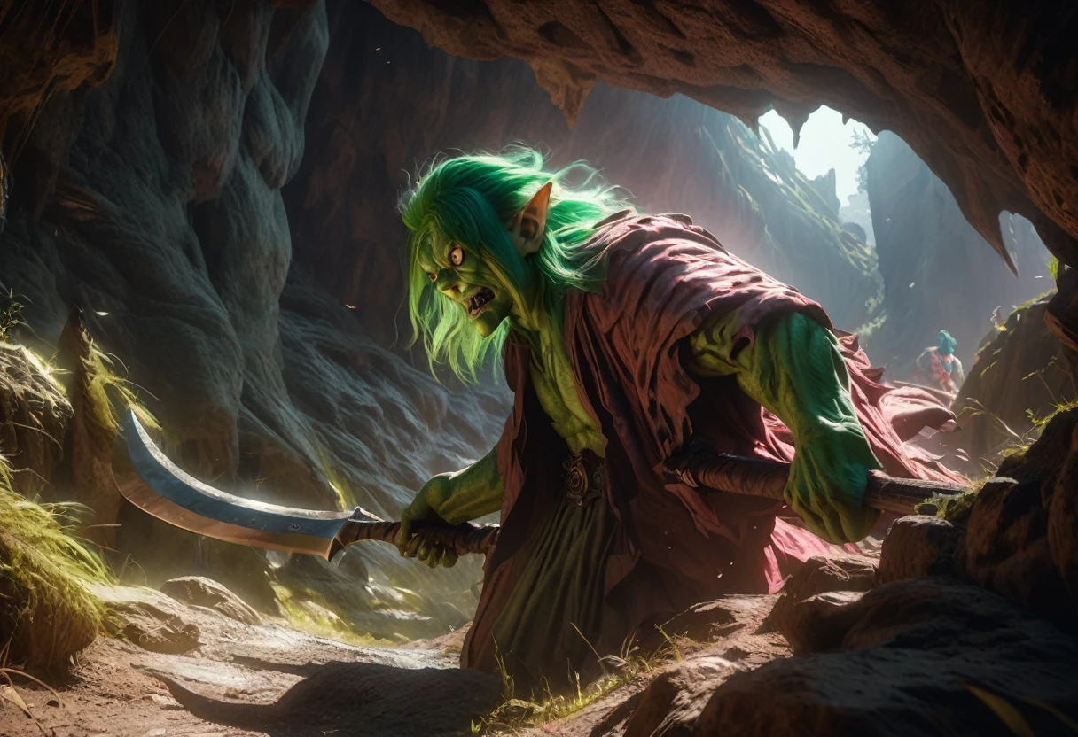 a clever, vicious green goblin, big detailed eyes, long ear hair, tattered mystic robe, wielding a pickaxe, lots of mystic pouches, quickly sneaking around a cavern, cinematic lighting, surreal, dark fantasy, highly detailed, 8k, photorealistic, sharp focus, professional, vibrant colors